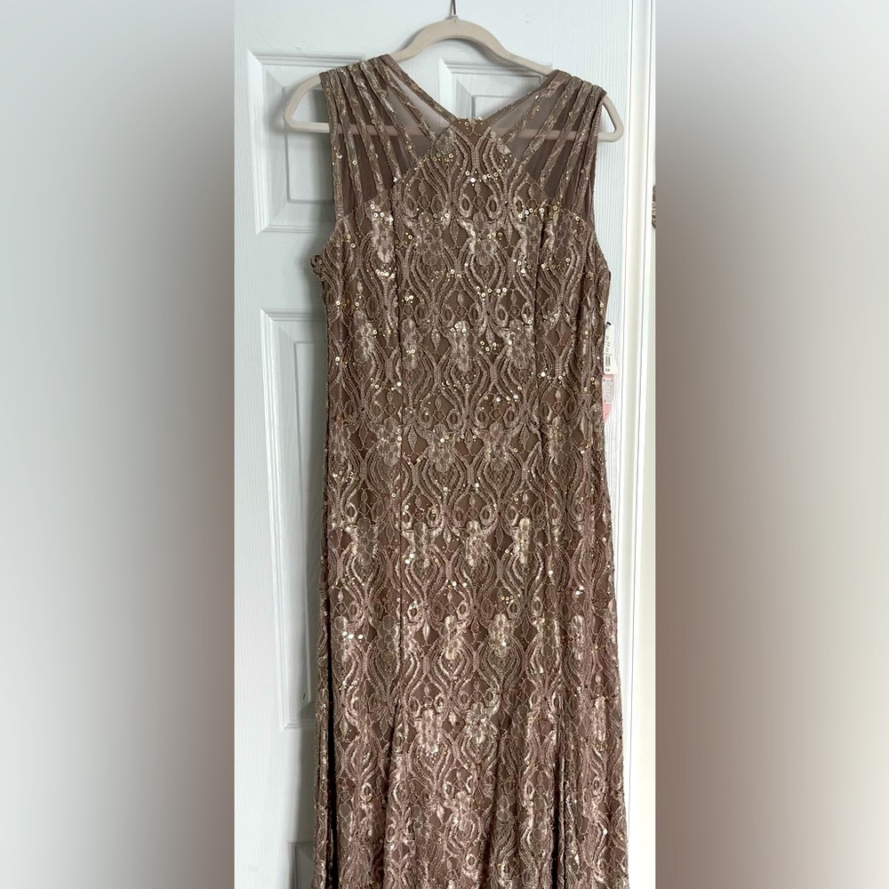 R&M Richards Illusion Shoulder High V-Neck Sleeveless Lace Sheath Formal Gown
